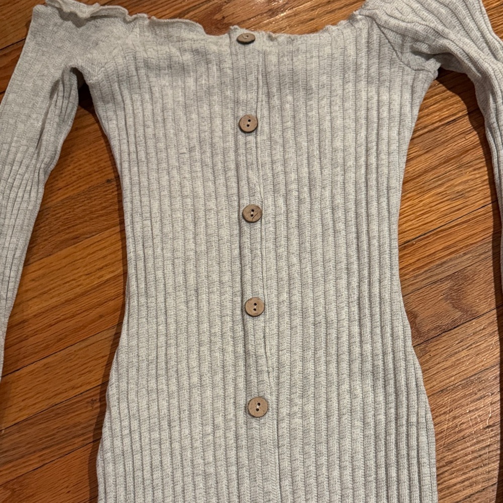 Cream Off-Shoulder Ribbed Button-Down Dress - Picture 3 of 4